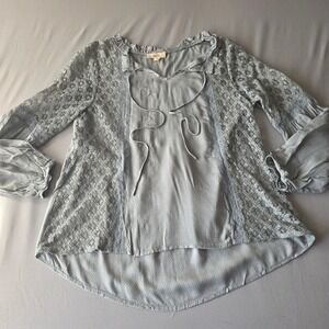 Entro Women's Small sage green Long Sleeve‎ Lace Trim Tie Neck High Low Blouse